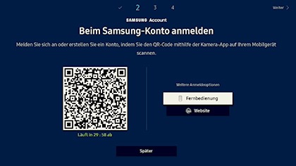 Auf einem Samsung Smart TV werden verschiedene Optionen für die Anmeldung mit einem Samsung Account angezeigt.