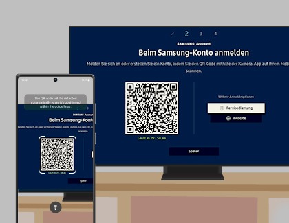 Ein Samsung Account-QR-Code auf einem Samsung Smart TV neben dem gleichen QR-Code auf einem Galaxy Smartphone.