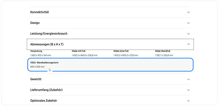 Die VESA Wandhalterungsnorm ist in den Spezifikationen des TVs unter Design gelistet.