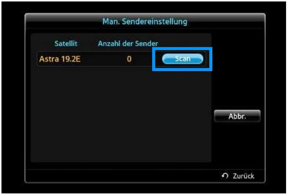 TV Bildschirm Menüauswahl Satellitenwahl