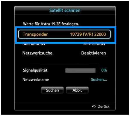 TV Bildschirm Menüauswahl Transponder