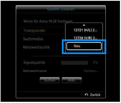 Daraufhin öffnet sich die Transponderliste – navigiere hier zu „Neu“ und bestätige deine Auswahl.