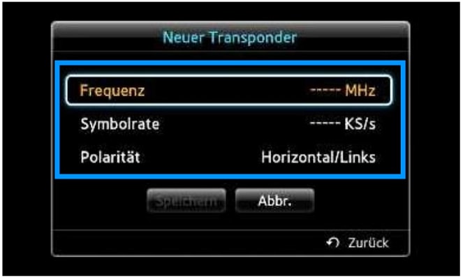 TV Bildschirm Menüauswahl Transpondereinstellungen