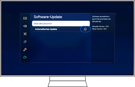 Samsung Smart TV Einstellungen mit Markierung auf Automatisches Update