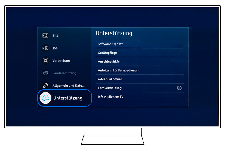 Samsung Smart TV Alle Einstellungen mit Markierung auf Unterstützung