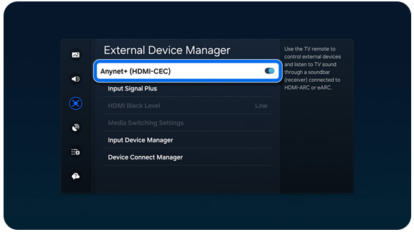 Bild eines Samsung Smart TV Externe Geräteverwaltung mit Markierung auf Anynet+ (HDMI-CEC).
