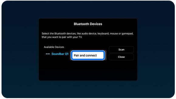Bild eines Samsung Smart TV Bluetooth-Geräteliste mit Markierung auf Verbinden