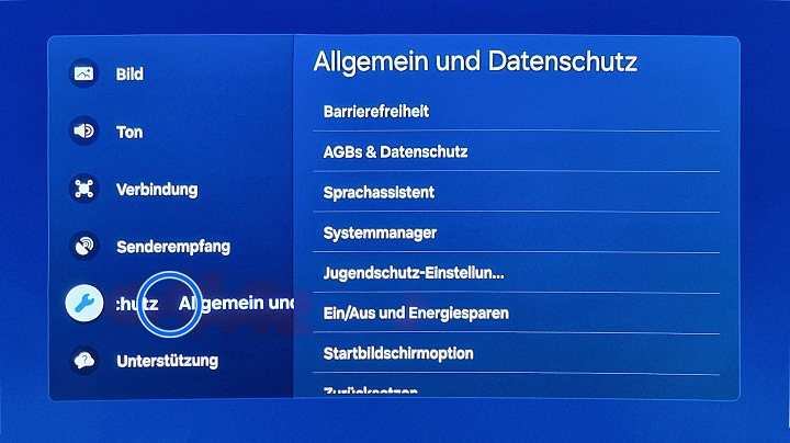 Samsung Smart TV Alle Einstellungen mit Markierung auf Allgemein und Datenschutz