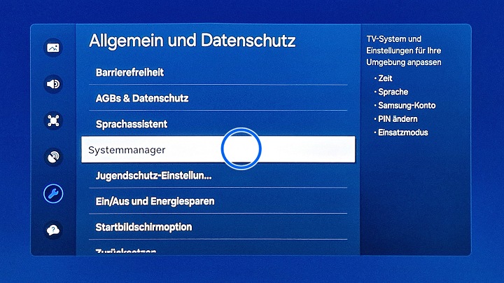 Samsung Smart TV Alle Einstellungen Allgemein und Datenschutz mit Markierung auf Systemmanager