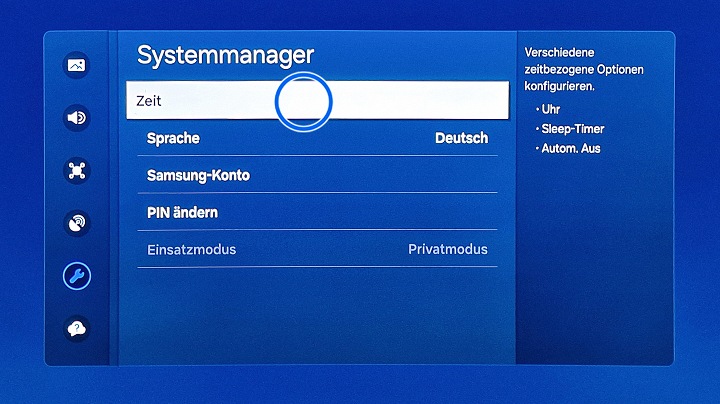 Samsung Smart TV Systemmanager mit Markierung auf Zeit