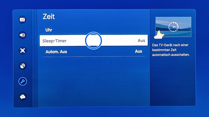 Samsung Smart TV Zeit mit Markierung auf Sleep-Timer