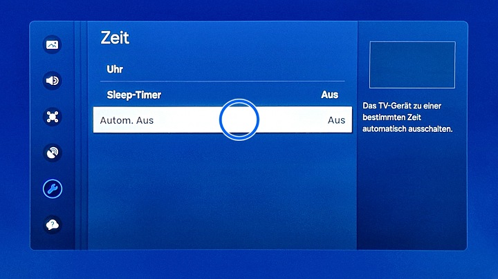 Samsung Smart TV Zeit mit Markierung auf Autom. Aus