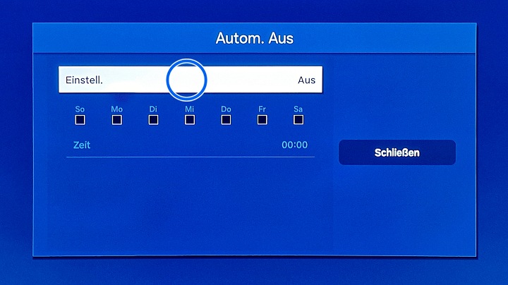 Samsung Smart TV Autom. Aus mit Markierung auf Einstell.