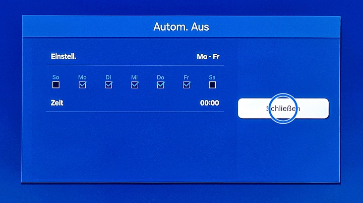 Samsung Smart TV Autom. Aus mit Markierung auf Schließen