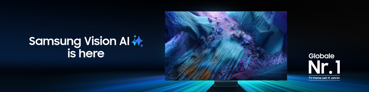 Zu sehen ist ein Samsung TV im glänzendem Metall-Design. Ein Abzeichen weist darauf hin, dass Samsung seit 19 Jahren die weltweite Nummer 1 unter den TV-Marken ist. Zu sehen ist der Schriftzug „Samsung Vision AI is here“ mit leuchtenden visuellen AI-Hinweisen.