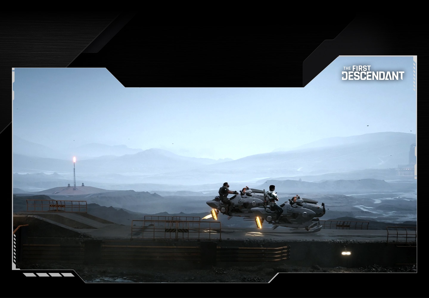 Ein Samsung Gaming-TV zeigt das Spiel „The First Descendant“ in Aktion. Zwei Krieger auf ihren Hoverbikes warten auf einer leeren Straße. Eine Nahaufnahme zeigt, wie die Krieger ihre Waffen nachladen. Die Szene wechselt zu einer anderen Person, die mitten in einem Kampf steht, und zwei weiteren Krieger, die gegen einen großen Roboterfeind kämpfen. Die Szene endet mit einem Krieger, der seinen Rücken zeigt.