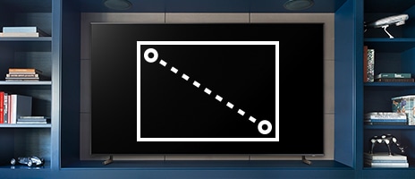 Die mit Linien gezeichnete Infografik, die die Größe des Fernsehbildschirms darstellt, wird über einen leeren Fernsehbildschirm gelegt. Der leere Großbildfernseher befindet sich zwischen zwei Wohnzimmerschränken.