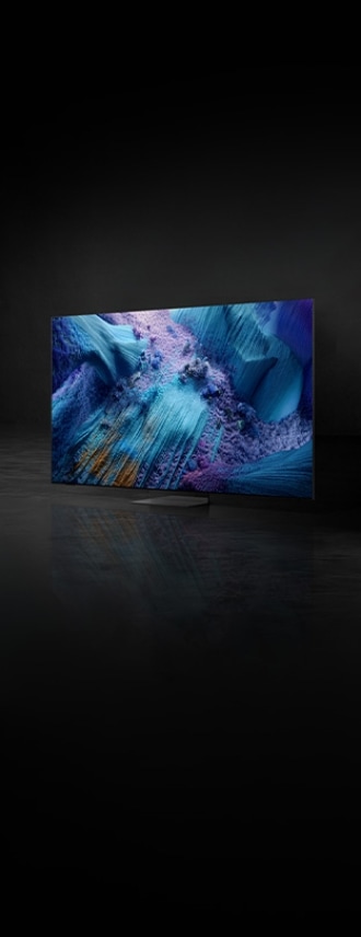 Eine frontale Rechtsansicht eines NEO QLED 8k zeigt komplexe Striche in Blau, Violett und einem Hauch Gelb.