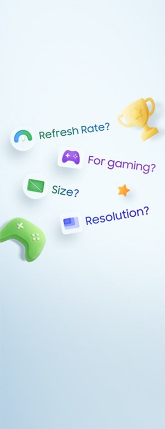 Zu sehen ist eine Grafik mit bunten Symbolen und Fragen rund um Monitore: „Refresh Rate?“, „For gaming?“, „Size?“ und „Resolution?“. Daneben verschiedene Symbole wie ein Pokal, ein Controller, ein Stern und Bildschirmsymbole.