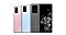 Bagside af en Cloud Pink Galaxy S20, en Cloud Blue Galaxy S20+ og en Cosmic Grey Galaxy S20 Ultra 5G, der overlapper hinanden. Til højre ses forsiden af en Cosmic Grey Galaxy S20 Ultra 5G overlejret.