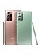 De øvre halvdele af Galaxy Note 20 5G i Mystic Green og Galaxy Note 20 Ultra 5G i Mystic Bronze, kommer ind forfra fra begge sider af skærmen.