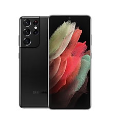 To Galaxy S21 Ultra 5G-telefoner i Phantom Black står ved siden af hinanden og overlapper en smule, den ene ses bagfra, den anden forfra. Den, som ses forfra, har en rød grafisk baggrund på skærmen.