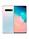 Bagsiden af en Prism White Galaxy S10-telefon med forsiden af en sort Galaxy S10-telefon, som ligger lidt ovenpå