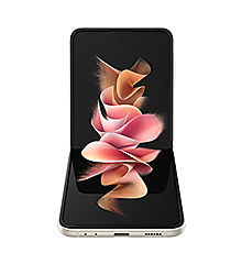 Galaxy Z Flip3 5G foldet i Flextilstand med en farverig baggrund på hovedskærmen.