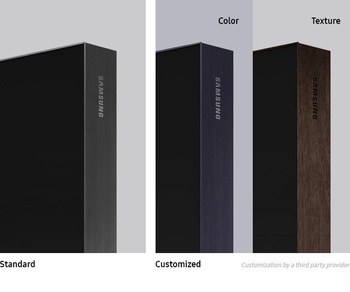 Nærbillede af et hjørne på forskellige typer rammer omkring The Walls; en standard i grå metal til venstre, en blå metalramme midten og en i træ til højre. Rammerne kan tilpasses individuelt med forskellige farver og teksturer.