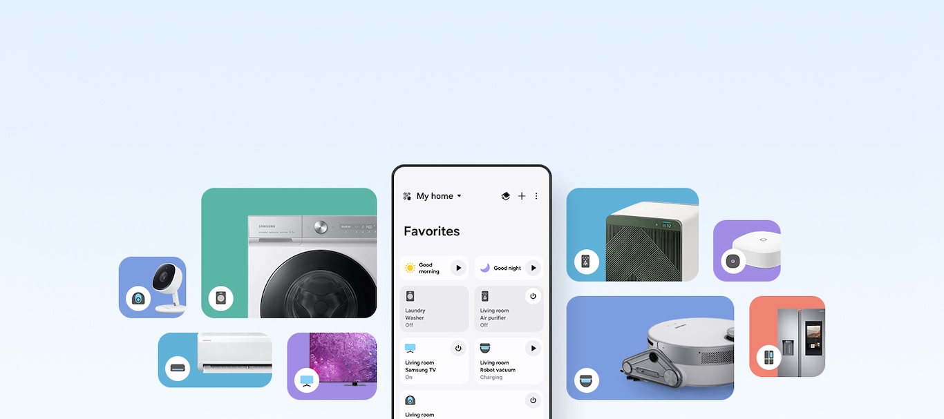 En Galaxy-smartphone-skærm viser den grafiske brugergrænseflade for SmartThings-appen, der viser enhedskort med smart-enheder i hjemmet forbundet til appen og rutinemuligheder, der kan indstilles. Rundt om smartphonen er der fliser med forskellige farver og størrelser. Hver flise indeholder en forskellig smart-enhed til hjemmet, der er forbundet til SmartThings-appen.