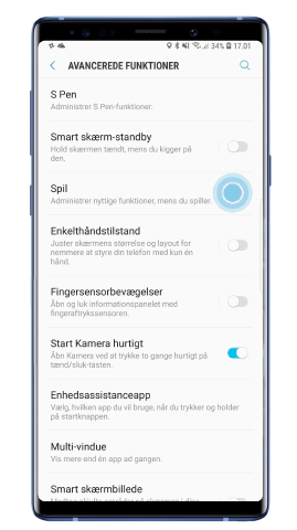 Tryk på Spil i menuen Avancerede funktioner