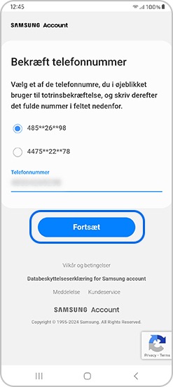 Bekræft ved at indtaste dit tidligere telefonnummer, og tryk på Fortsæt