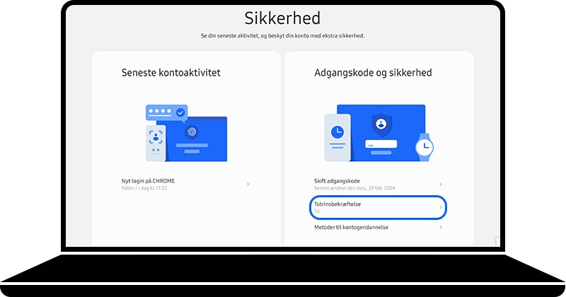 Totrinsbekræftelse valgt under afsnittet Sikkerhed på Samsung-kontohjemmesiden