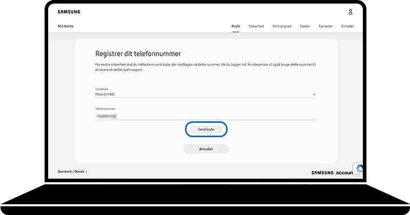 Send kode valgt i afsnittet Registrer dit telefonnummer på Samsung-kontohjemmesiden.