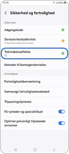 Totrinsbekræftelse valgt under Samsung-kontoens sikkerheds- og privatlivsindstillinger