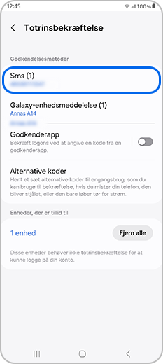 SMS valgt under Godkendelsesmetoder i menuen Totrinsbekræftelse