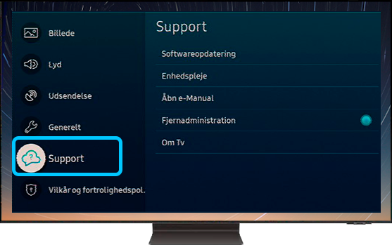 Support valgt i indstillingsmenuen