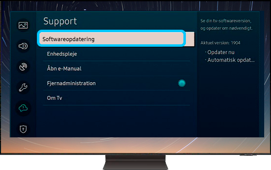 Softwareopdatering valgt i menuen Support
