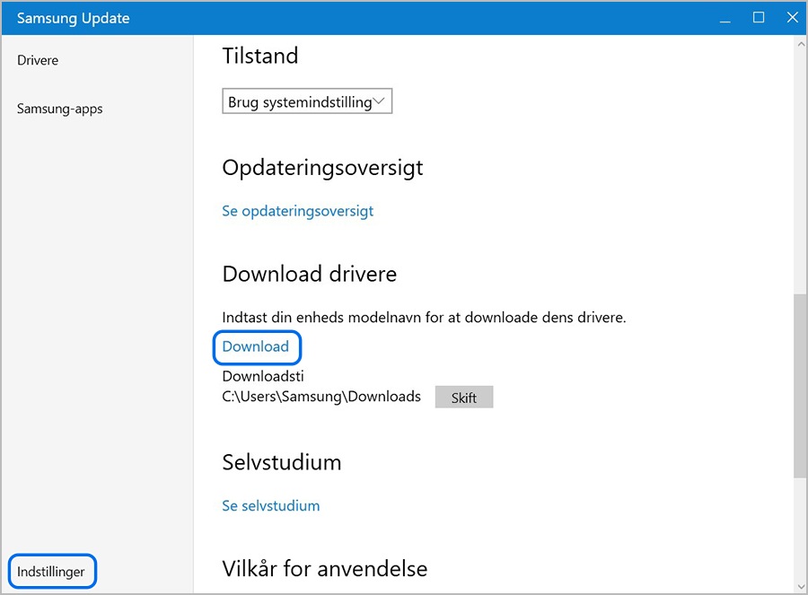 Klikker på Indstillinger og Hent driver