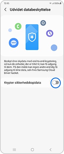 Smartphoneskærm med skydeknappen for Krypter sikkerhedskopidata