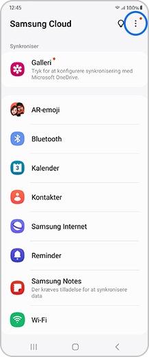 Smartphoneskærm med valgmulighederne for Samsung Cloud-appen på skærmbilledet