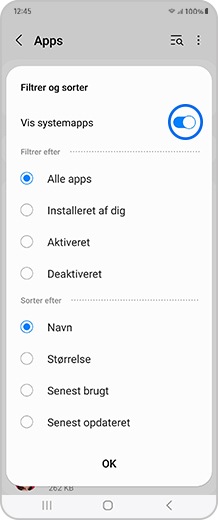 Smartphoneskærm, hvor skydeknappen Vis systemapps er valgt