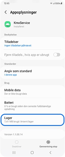 Smartphoneskærm, hvor sektionen Lagerplads er valgt