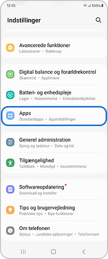 Smartphoneskærm, hvor valgmuligheden Apps er valgt