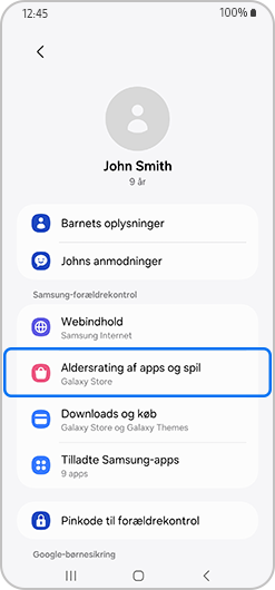 Forældrekontrolmenu med App- og spilvurderinger fremhævet.