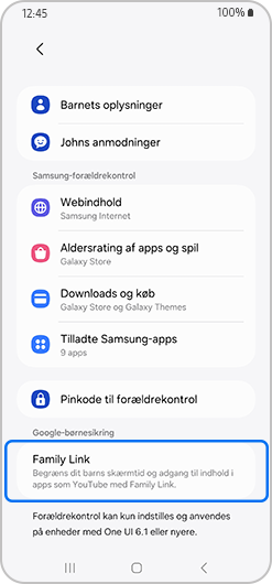 Børnekonto skærm med Family Link fremhævet.