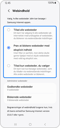 Skærm for webindhold med Prøv at blokere eksplicitte sider valgt.