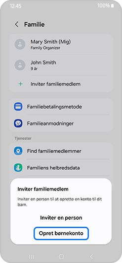 Pop-up for at invitere familiemedlem med opret en konto fremhævet.