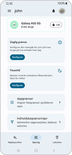 Family Link interface med dagligt grænse, ugentlig pause, app-grænse og indholdsbegrænsninger.