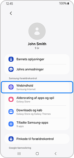 Menu for forældrekontrol med Webindhold fremhævet.